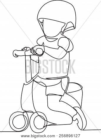 Continuous Single Drawn One Line Child On A Bicycle, A Bicycle Without Pedals. Hand-drawn Picture Si
