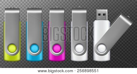 Usb Flash Drive. 3d Flash Disk Blank Mockup Set For Design. Vector Illustration