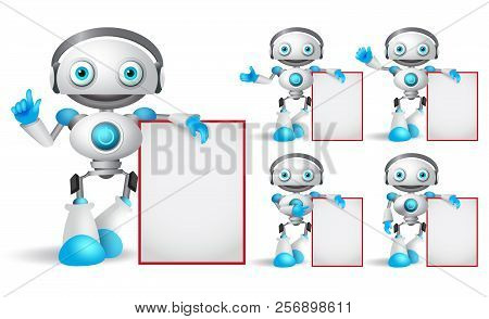 White Robot Vector Character Set Standing While Holding Empty White Board With Different Hand Gestur