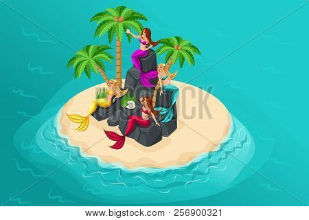 Isometry Game Concept Cartoon With Fairy-tale Characters, An Uninhabited Island, An Island Of Mermai