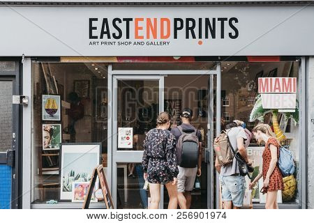 London, Uk - July 22, 2018: People Entering East End Prints Shop In East London, A Popular Print Sho