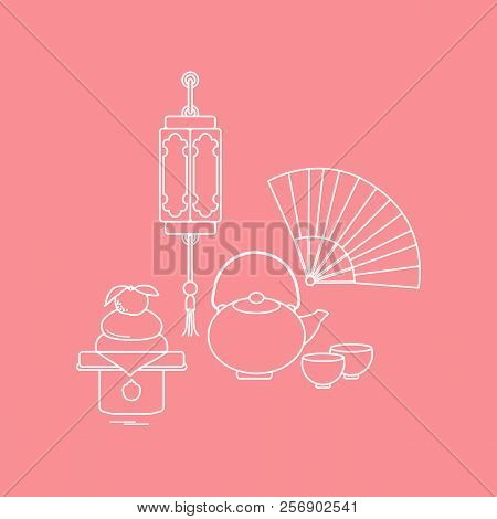 Eastern New Year Symbols. Chinese Lantern, Kettle With Two Cups, Fan, Kagami Mochi. Festive Traditio