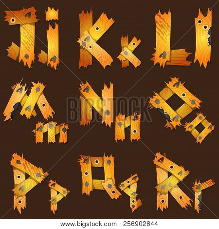 English Alphabet From Pieces Of Wood. The Original Font Design Of The Pieces Of Plywood.