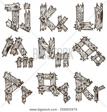 English Alphabet From Pieces Of Wood. The Original Font Design Of The Pieces Of Plywood. English Let