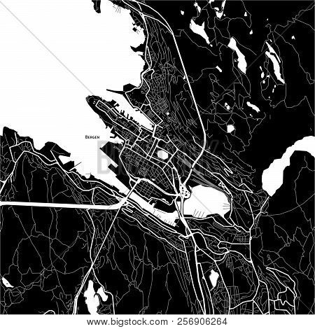 Area Map Of Bergen, Norway. Dark Background Version For Infographic And Marketing Projects.