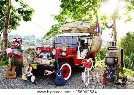 SALENTO, COCORA VALLEY, AUGUST 17, 2018: Jeep Willys on Cocora valley in Cordiliera Central, Salento, Colombia, South America