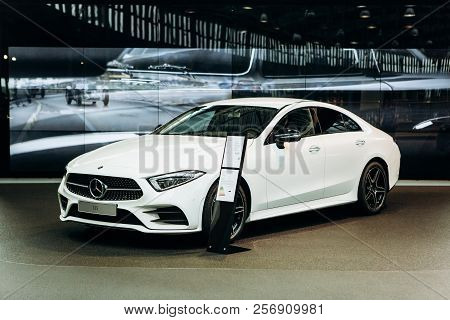 Berlin, August 29, 2018: The New White Mercedes-benz Cls. Exhibition And Sale Of New Cars In The Off