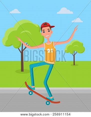 Skateboarder Makes Freestyle Tricks Balancing On Board. Skater Training In Green Skatepark Getting R