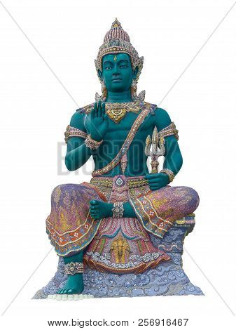Indra Statue Green Giant Isolated On White Background. (this Has Clipping Path)