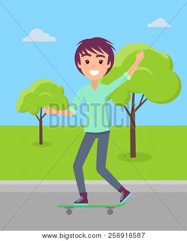 Teenager Riding Skateboard In Summer Park On Background Of Green Trees Vector Illustration. Skater S
