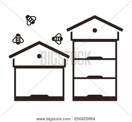 Beehives And Bees. Beekeeping Symbol - Vector Illustration