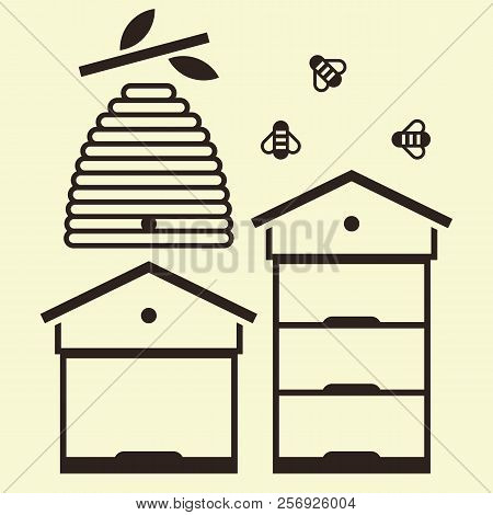 Beehives And Bees. Beekeeping Symbol - Vector Illustration