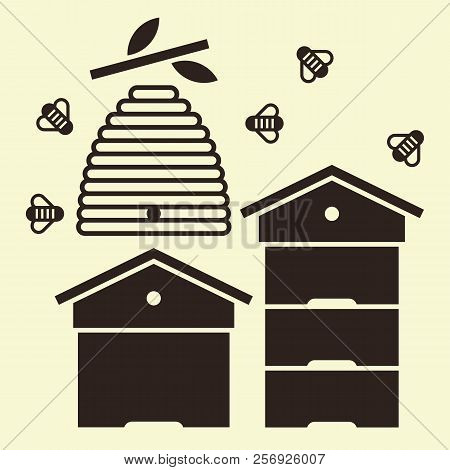 Beehives And Bees. Beekeeping Symbol - Vector Illustration