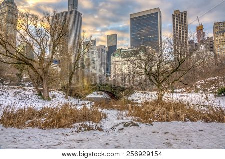 Gapstow Bridge Is One Of The Icons Of Central Park, Manhattan In New York City After Snow Storm
