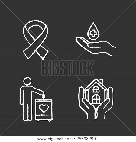 Charity Chalk Icons Set. Fundraising, Anti Hiv Ribbon, Blood Donation, Shelter For Homeless. Isolate