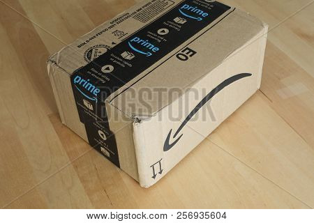 Roquebrune-cap-martin, France, September 5, 2018: Amazon Package Box Cardboard Delivery From Amazon 