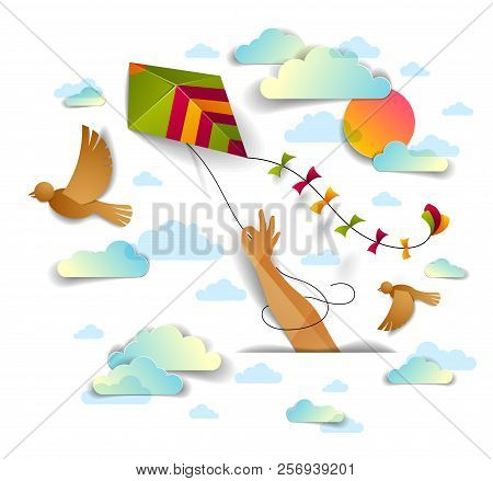 Hand Holding Kite Over Cloudy Sky Birds Flying And Sun, Freedom And Easiness Emotional Concept, Vect