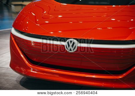 Berlin, August 29, 2018: A Close-up Of The Sign On The New Volkswagen I.d Vizzion Concept Sedan Elec