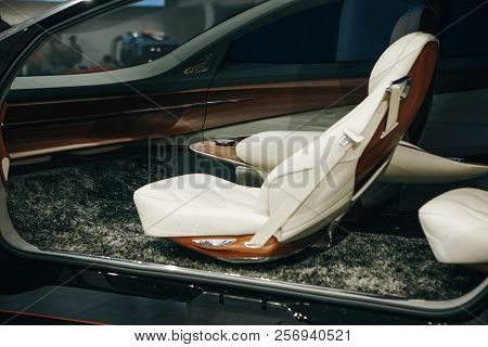 Berlin, August 29, 2018: Interior Of The New Volkswagen I.d Vizzion Concept Sedan Electric Car Prese