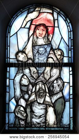 HUTTEN, GERMANY - JULY 04: Stained glass window by Sieger Koeder in chapel in Hinterbrand, Germany on July 04, 2017.