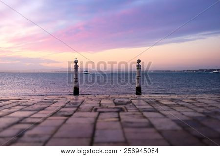 Cais Das Colunas At Cloudy Morning. Lisbon, Portugal
