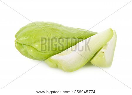 Whole And Cut Fresh Chayote On White Background