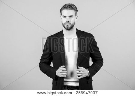 Mens Fashion, Style And Dress Code. Man In Formal Suit Jacket, Tshirt, Fashion. Businessman With Bea