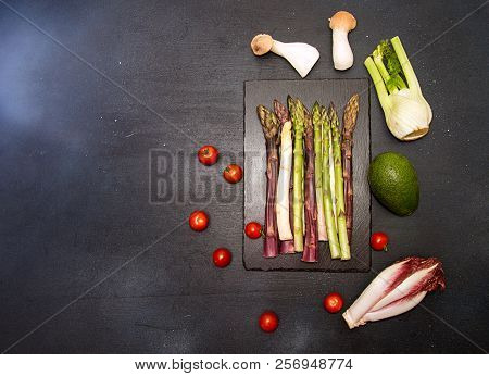 Ingredients For Preparing Healthy Meal. Cherry Tomato, Asparagus, Cherry Tomatoes, Chicory, Fennel,