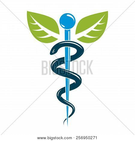 Aesculapius Vector Abstract Illustration Created Using Snakes And Green Leaves, Caduceus Symbol. Hea