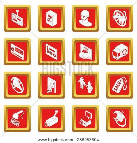 Shop Navigation Foods Icons Set Red Square Isolated On White Background