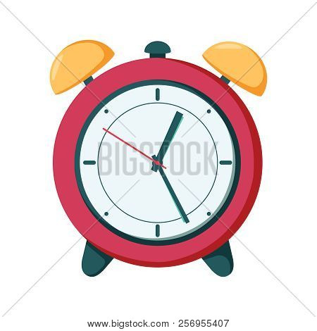 Vector Clock Alarm Illustration Time Symbol, Hour Watch. Red Wake-up Time Isolated On Background In 