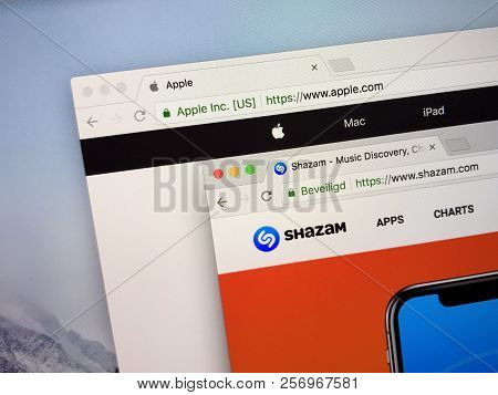 Amsterdam, The Netherlands - September 6, 2018: Official Websites Of Apple And Shazam. Apple Acquire