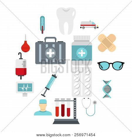 Medicine Icons Set In Flat Style. Medical Care Set Collection Illustration