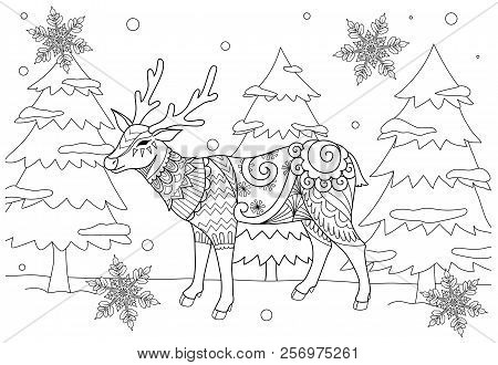 Coloring Book Page For Adult And Kid. Colouring Picture Of Zentangle Stylized Chiristmas Deer In The