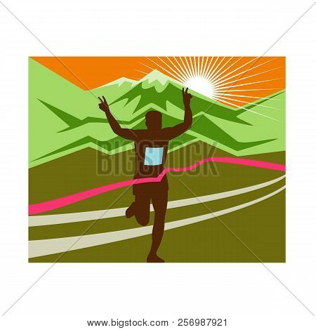 Retro Style Illustration Of A Silhouette Of Marathon Race Finisher Runner Flashing Victory Hand Sign
