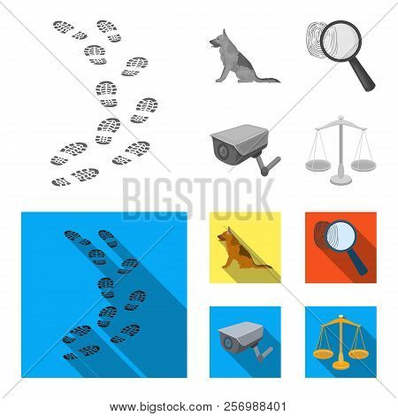 Traces On The Ground, Service Shepherd, Security Camera, Fingerprint. Prison Set Collection Icons In