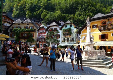 06. 08.2018 : Hallstatt, Austria - Small Mountain Village,  Salzkammergut Cultural Landscape, One Of