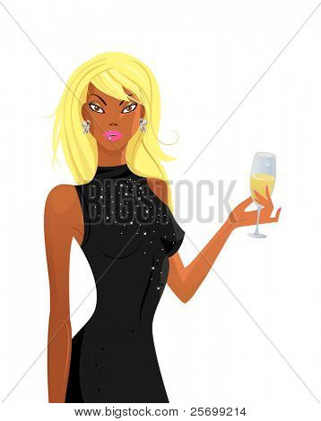 Blondy mujer en vestido negro con champagne