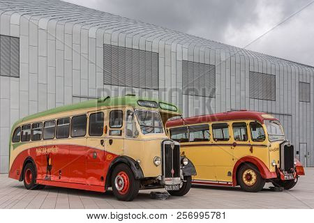 Glasgow, Scotland, Uk - June 17, 2012: Along River Clyde, Outside Riverside Museum, Vintage Yellow A