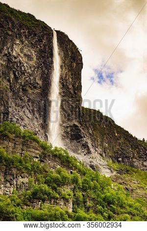 Kjelfossen Waterfalls Kjell Falls Seen From Gudvangen Village, Sogn Og Fjordane, Norway. Waterfall I