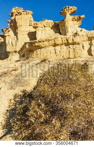 The Enchanted City Of Bolnuevo, Eroded Yellow Sandstone Formations, Murcia Spain. Tourist Attraction