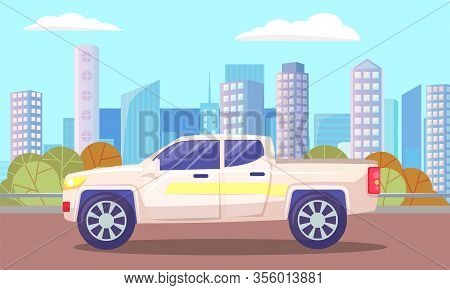 Van Riding In Distance Of Cityscape With Contemporary Architecture And Skyscrapers. Car On Road Pass