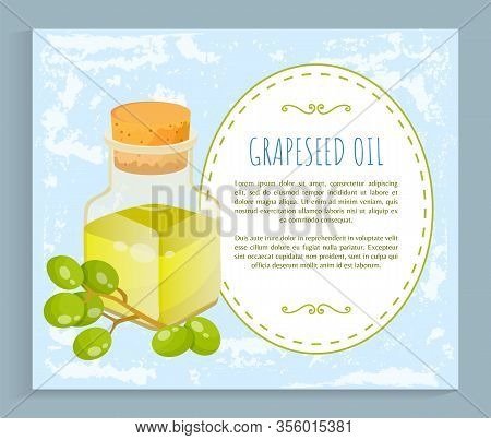 Grapeseed Oil In Glass Bottle And Branch Of Green Grapes. Postcard With Text Template And Fruit Ingr