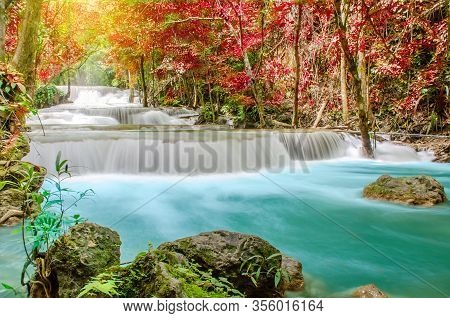 Travel To The Beautiful Waterfall In Tropical Rain Forest, Soft Water Of The Stream In The Natural P