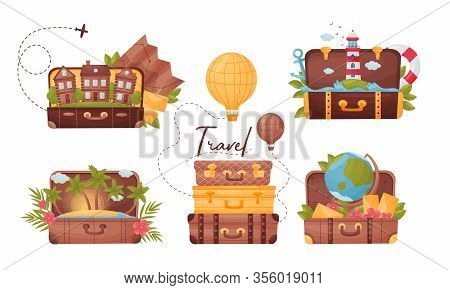Travelling Trunks With Palm Trees And Lighthouse Inside Vector Set