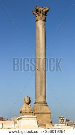 Pompey's Pillar, One Of The Largest Monoliths Corinthian Column And Sphinxes Stands At The Eastern S