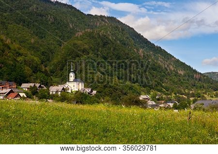 View Of Typical Slovenian Church In Studor Little Town Near Bohinj, Slovenia
