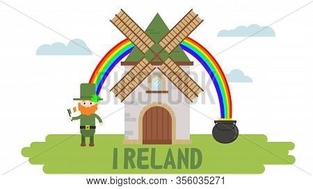 Irishman Leprechaun, Windmill, Pot Of Gold. Flag Of Ireland.