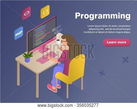 Programmer Woman At Work Concept Banner. Flat Isometric Vector Illustration Isolated On Dark Backgro