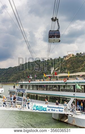 Koblenz, Germany - August 03, 2019: Cruiseboat And Cable Car At The River Rhine In Koblenz, Germany